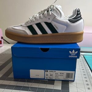 adidas Samba Leather Sneakers in White and Dark Green with Gum Sole